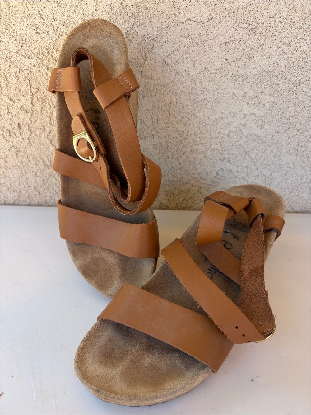 Papillio 9.5 aka 40 Sibyl Portugal women’s cognac leather sandal wedge